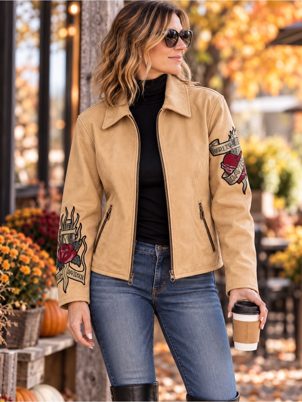 Harley-Davidson Leather Moto Buckskin Tattoo Graphic Jacket Women’s Small Tan